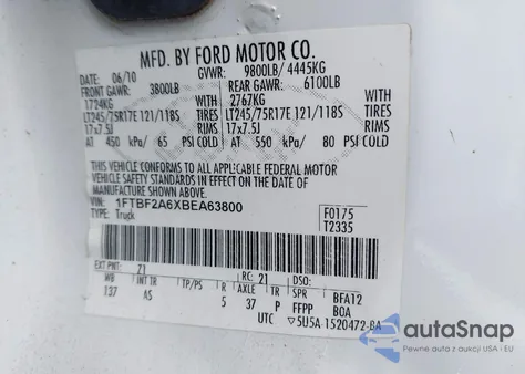 2011 Ford F-250 Xl из США, поврежденный, VIN 1FTBF2A6XBEA63800